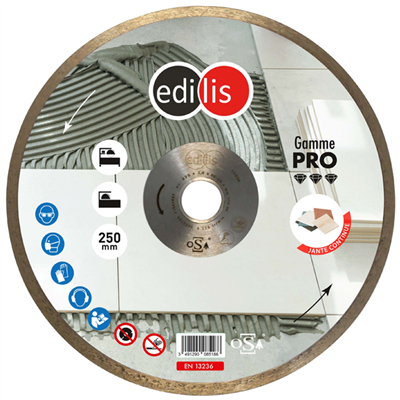 Disque diamant à jante continue pour carreleur Ø 250 mm - JC Edilis - Céramique, faïence et carrelage - Alésage 25,4 mm