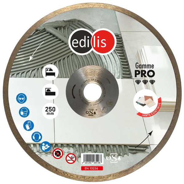 Disque diamant à jante continue pour carreleur Ø 250 mm - JC Edilis - Céramique, faïence et carrelage - Alésage 25,4 mm