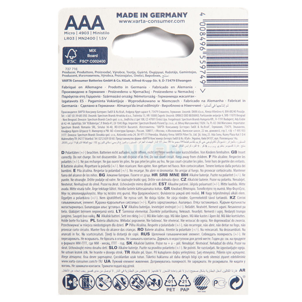 Pile électronique Alcaline - LR03  Varta - High Energy AAA - Longue durée - Lot de 4