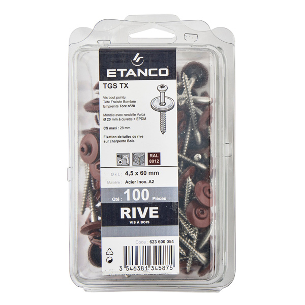 Vis bois inox pour tuile de rive - TGS Torx - Rouge tuile RAL8012 - 4,5 MM x 60,0 MM - Boîte de 100
