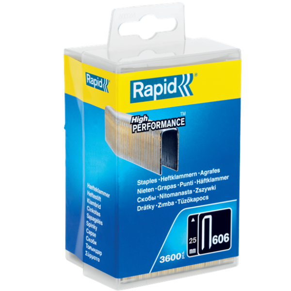 Agrafe étroite n°606 Rapid pour matériau dur - acier galvanisé - longueur 25 mm - boîte de 3600