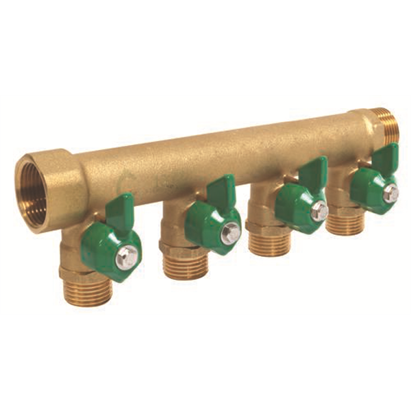 Collecteur distribution laiton FM3/4" Portée plate - Mini-vannes 4 départs 1/2