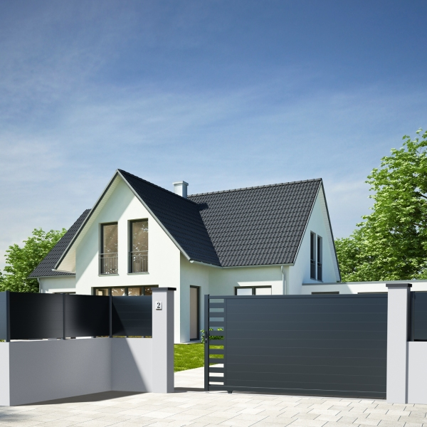Portail aluminium sur mesure Intiméclo - Inti 26 Kiwi - Battant ou coulissant - Aspect au choix - Barreaudage horizontal 100 mm et lames horizontales 150 mm