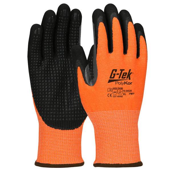 Gants anti-coupure orange haute visibilité avec enduction nitrile et picots d'adhérence - G-Tek Polykor - Lot de 12 paires T9