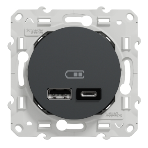 Prise USB double Schneider Odace à encastrer - type A+C - avec support de fixation à visser - Anthracite - 2,4A 12W
