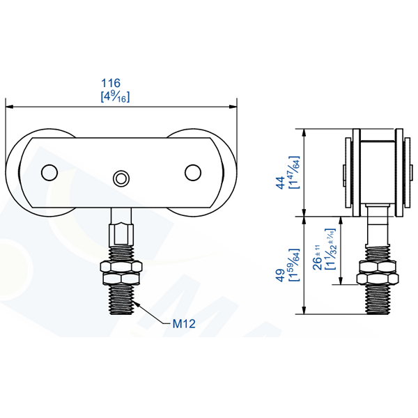 Monture pivotante réglable Mantion avec 2 galets acier sur cage à rouleaux - vis M12 - 35 kg - Lot de 2