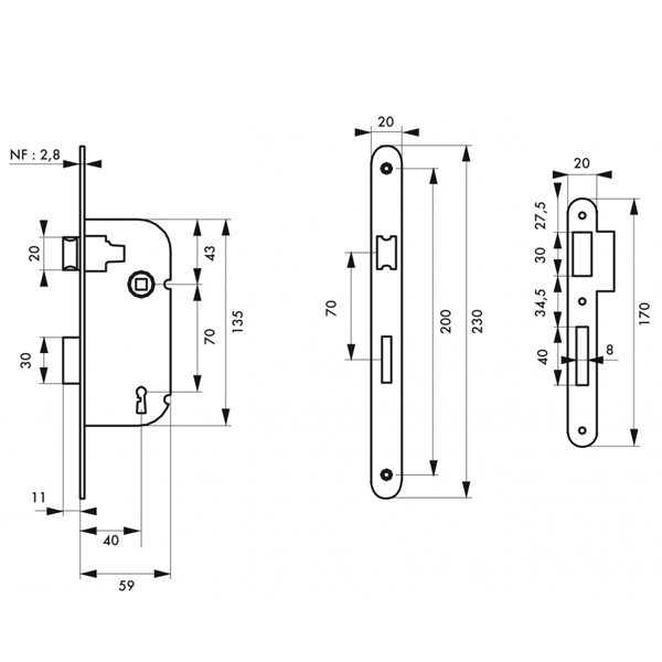 Serrure à encastrer et pêne dormant Thirard - NF - blanc - bouts ronds - une clé - axe 40 mm - entraxe 70 mm