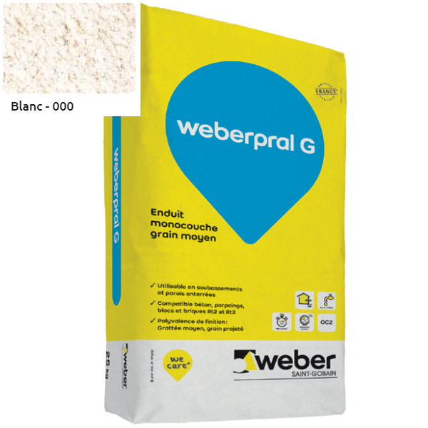 Enduit monocouche lourd et coloré à grain moyen WeberPral G 000 Blanc - sac de 25 KG