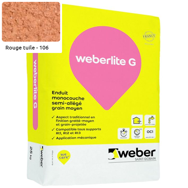 Enduit monocouche semi-allégé et coloré à grain moyen WeberLite G 106 Rouge tuile - sac de 25 KG