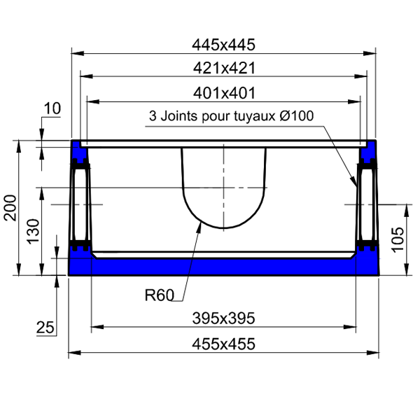 Boîte en béton pour eau pluviale - avec 3 joints souples pour tuyaux Ø 100 mm - dimensions intérieures 40x40 CM