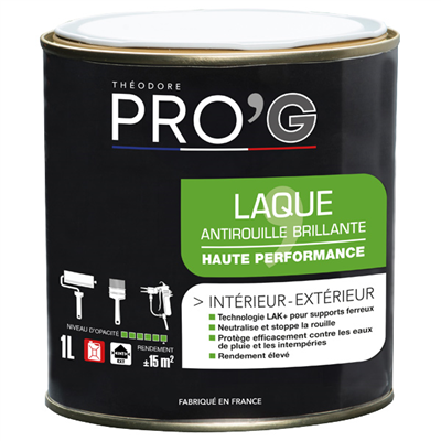 Laque antirouille Théodore Pro'G - Fer intérieur extérieur - Noir brillant Ral 9005 - Pot de 1L