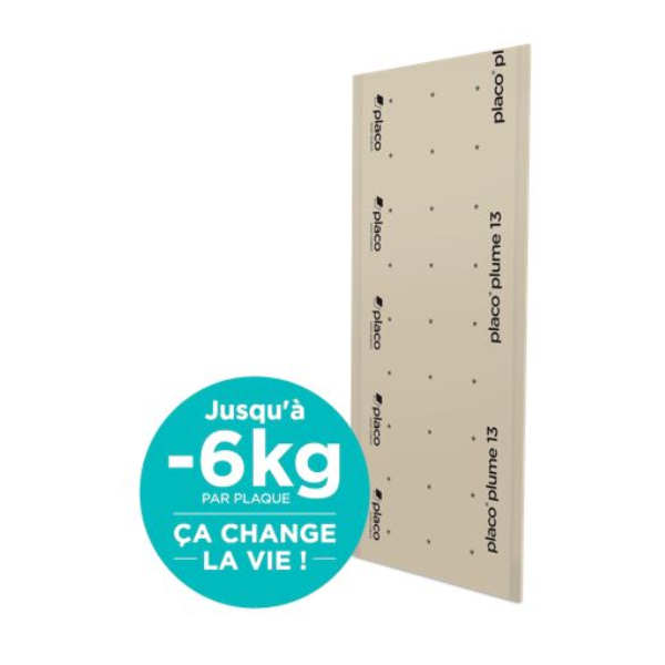 Plaque de plâtre BA13 standard ultra légère - Placo Plume - 2,60 m x 1,20 m - ép. 13,0 mm