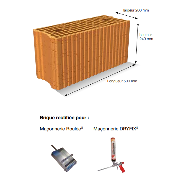 Brique de base rectifiée isolante Porotherm R20 - RC 80 - R = 0,76 m².K/W - 500,0 MM x 200 MM x 249,0 MM