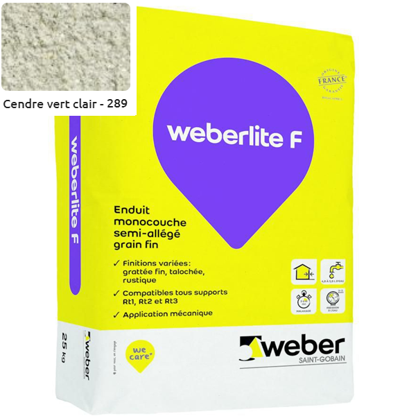 Enduit monocouche semi-allégé et coloré à grain fin WeberLite F 289 Cendre vert clair - sac de 25 KG