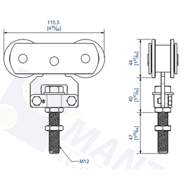 Monture fixation sur chant 2 galets en acier capacité 150 kg pour rail 50x40 - Lot de 2