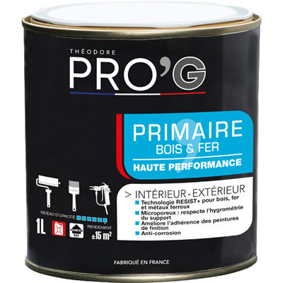 Sous-couche anti-corrosion intérieur/extérieur - Bois et métaux - Primaire Théodore Pro'G - Pot 1L