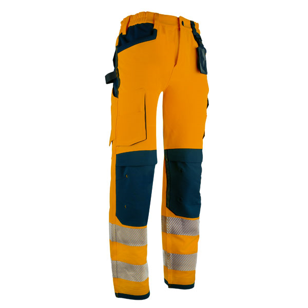 Pantalon de travail stretch haute visibilité orange mutipoches bandes rétroréfléchissantes et emplacements genouillères - FIORD - Taille L