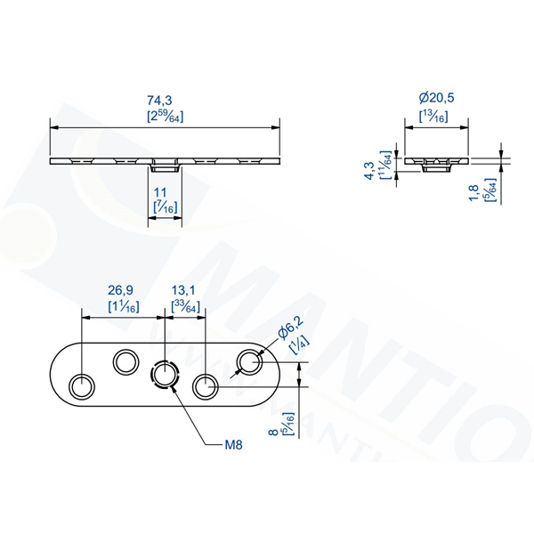 Platine Inox A2 pour fixation sur chant avec trou taraudé M8 - Lot de 2