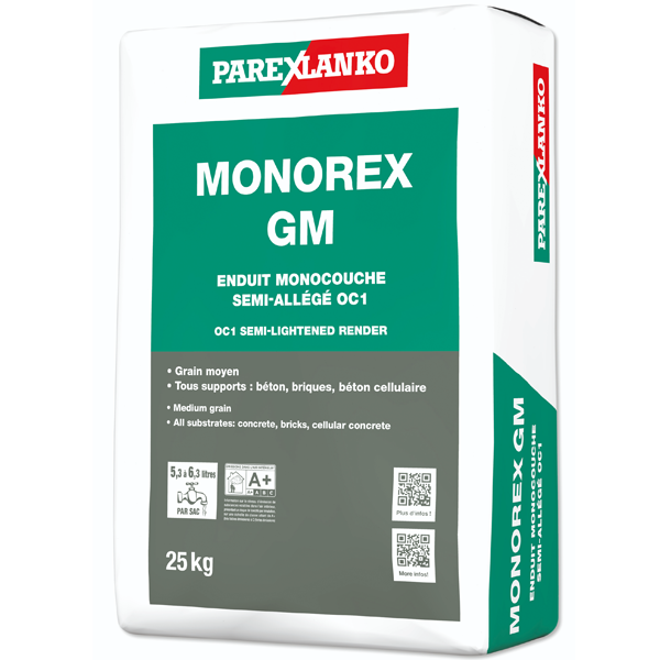 Enduit monocouche semi-allégé OC1 - Monorex GM Parex - Grain moyen - T10 Grège - Sac de 25 KG