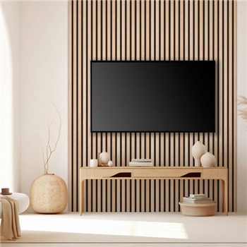 Décoration murale avec tasseaux MDF imitation chêne sur panneau HDF noir - Larg. 28,7 CM x Ép. 2,00 CM - Long. 2,50 M