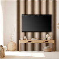 Décoration murale avec tasseaux MDF imitation chêne sur panneau HDF noir - Larg. 28,7 CM x Ép. 2,00 CM - Long. 2,50 M