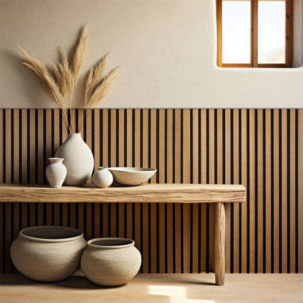 Décoration murale avec tasseaux MDF imitation chêne sur panneau HDF noir - Larg. 28,7 CM x Ép. 2,00 CM - Long. 2,50 M