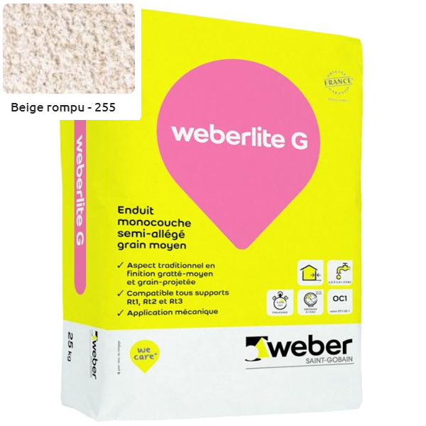 Enduit monocouche semi-allégé et coloré à grain moyen WeberLite G 255 Beige rompu - sac de 25 KG