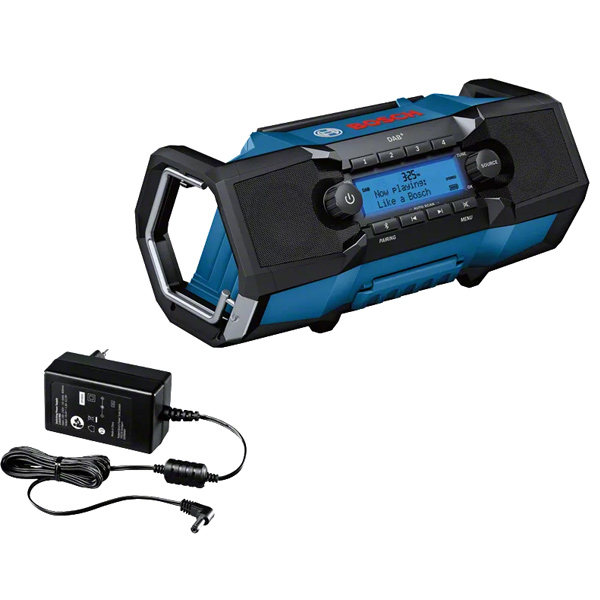 Radio de chantier portable Bosch GPB 18V-2 SC Professional avec pile lithium 3V adaptateur secteur et câble AUX
