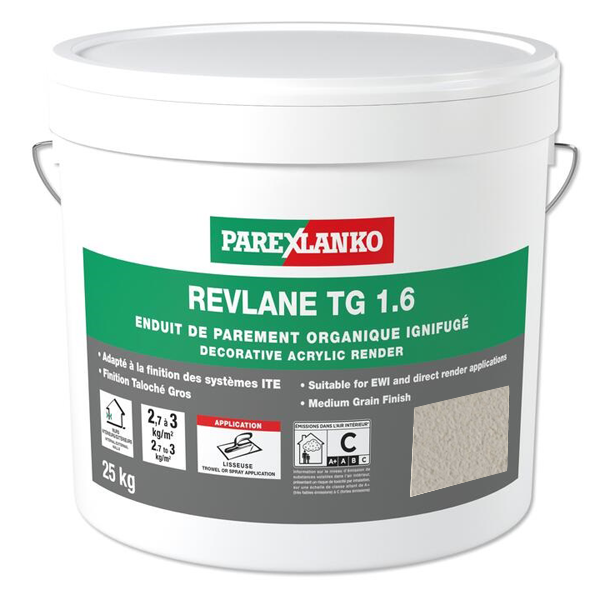 Enduit de parement organique ignifugé pour façades - Revlane TG 1.6 Parexlanko - G30 Gris souris - Seau de 25 KG