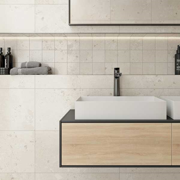 Carrelage sol intérieur effet terrazzo en grès cérame émaillé avec surface ABS - Castone - 80,0 CM x 80,0 CM - ép. 10,00 MM - Beige dune