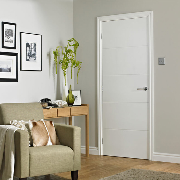 Bloc-porte alvéolaire rainuré prépeint à recouvrement - Huisserie 88/56 et joint confort - serrure PDDT - Quattro Chauvat Portes - 204 CM x 83 CM - Poussant droit