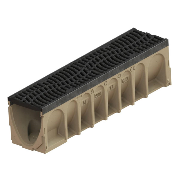 Caniveau béton polymère Aco Multidrain D400 - feuillures acier galvanisé avec grille DUNE fonte - Larg. 200,0 mm x Haut. 265,00 mm - Long. 1,00 m