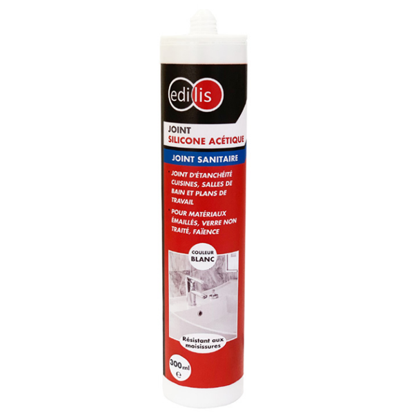Joint mastic silicone acétique cuisine - Edilis - Cartouche 300 ml - Blanc