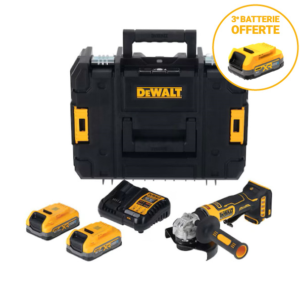 Meuleuse d'angle sans fil 18V 125 mm - DCG404S2T-QW Dewalt - En coffret avec 2 batteries 3,5 Ah Powerstack et chargeur + 3° batterie offerte
