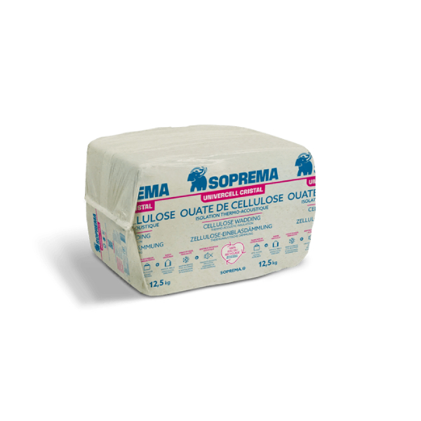Ouate de cellulose Univercell Cristal Soprema - isolation thermo-acoustique planchers combles perdus -