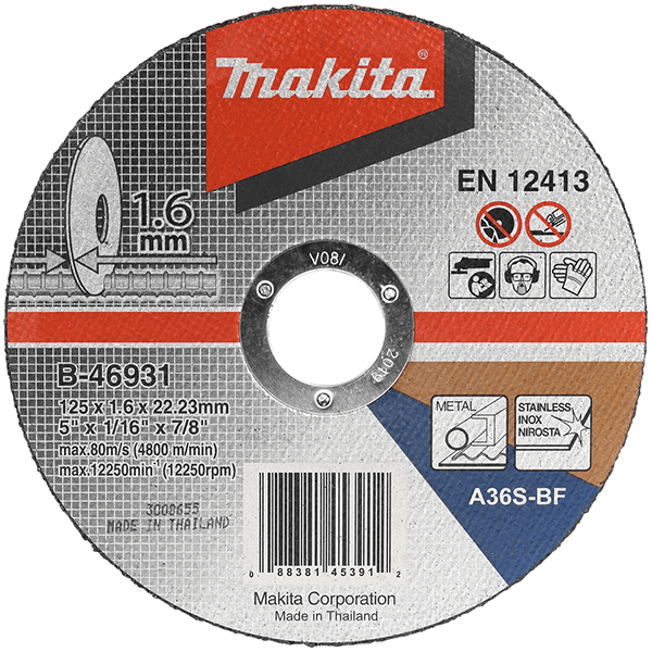 Disque à tronçonner métal inox A36S Makita 125 x 22.23 x 1.6 mm