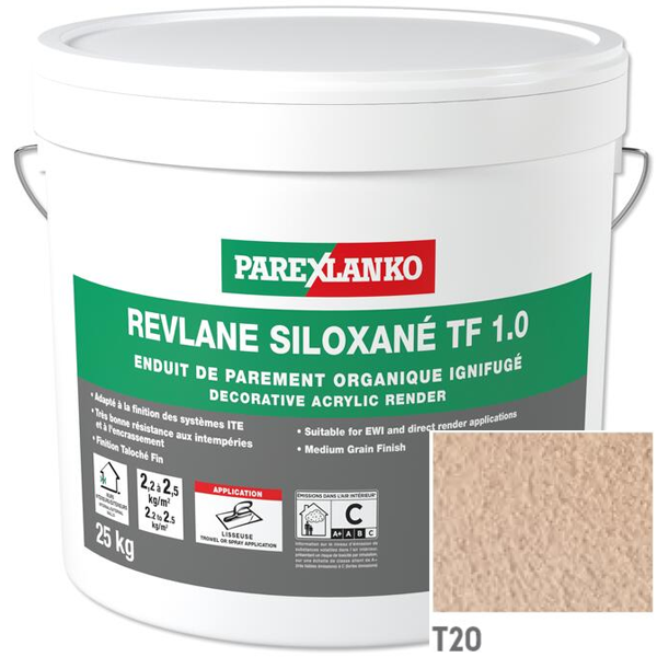 Enduit de parement organique ignifugé Parexlanko Revlane Siloxané TF 1.0 T20 Sable clair - Seau de 25,0 KG