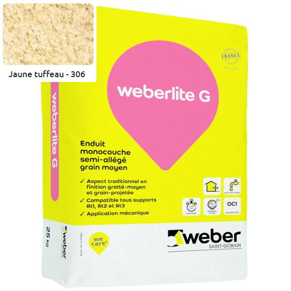 Enduit monocouche semi-allégé et coloré à grain moyen WeberLite G 306 Jaune tuffeau - sac de 25 KG
