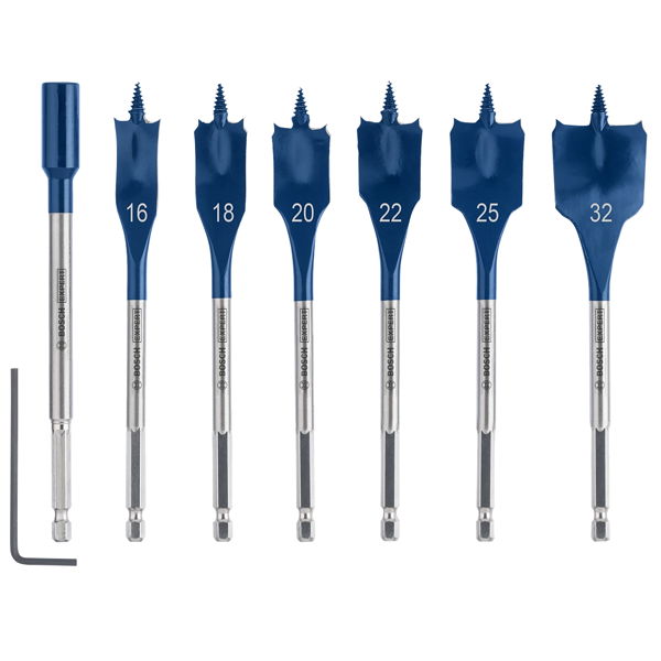 Coffret de 6 mèches à bois plates Expert SelfCut Speed - 6 pans 1/4 " - 16 à 32 mm avec rallonge