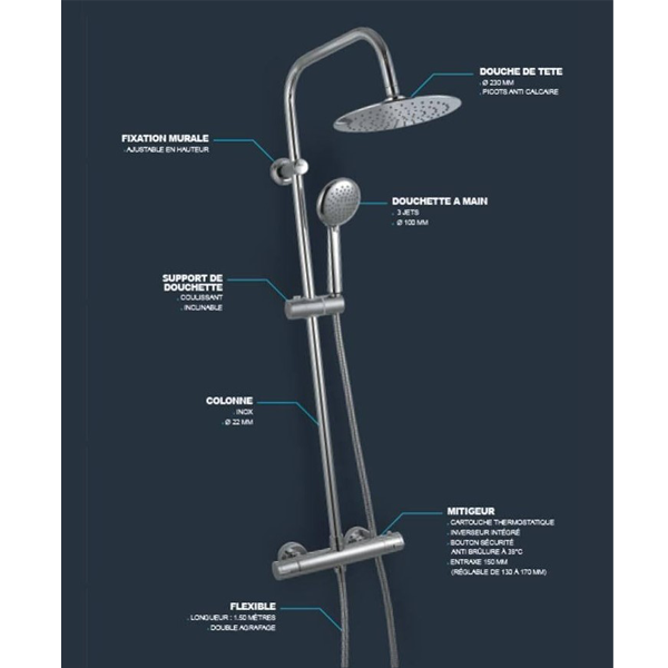 Colonne de douche avec mitigeur thermostatique - Dervenn Eurosanit - Hauteur réglable - Inox chromé