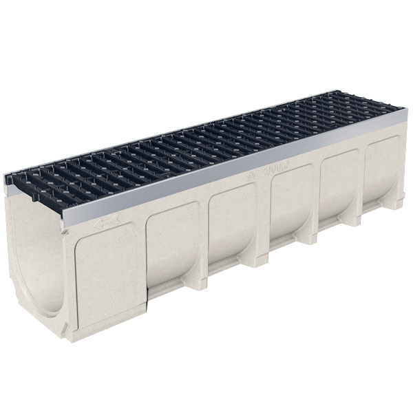 Caniveau en béton polymère MEADRAIN SV 2000 avec feuillures acier galvanisé et grille fonte C250 - Largeur 200,0 mm - Longueur 1 m
