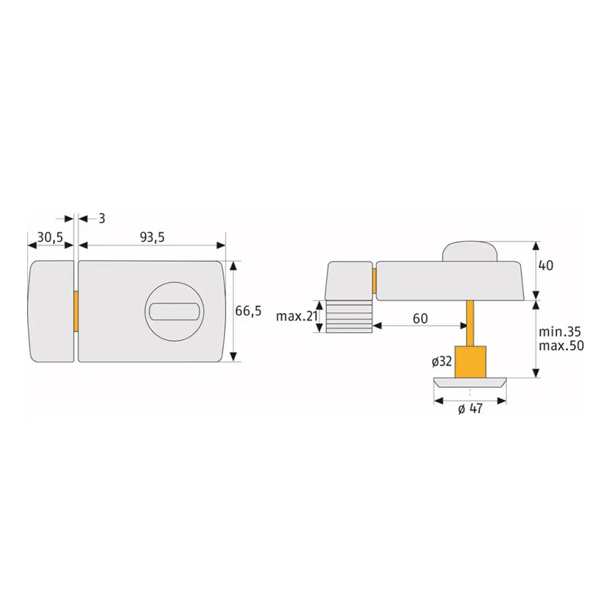 Verrou de porte réversible à bouton et cylindre - 2110 Abus argent - pour porte de 35 à 50 mm