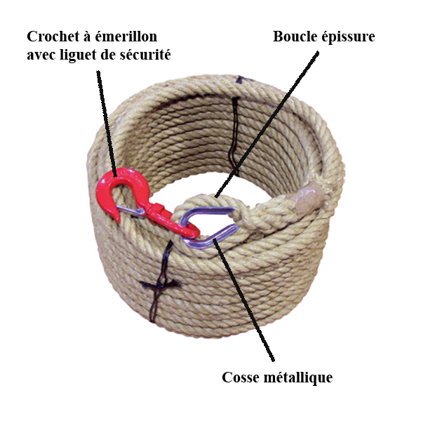 Corde à poulie en chanvre avec crochet de sécurité - Diamètre Ø 20/22 mm - Longueur 30 m