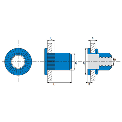 Ecrou aveugle cranté acier tête plate diamètre 10-30 épaisseur tôle 0.5 à 3.0 mm diamètre perçage 12.9 mm - boîte de 100