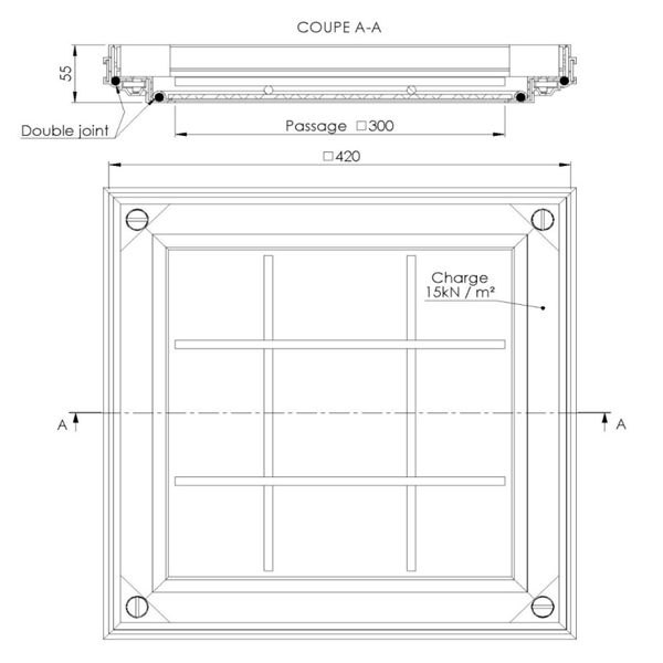 Tampon à remplir de béton ou à paver en aluminium - SOCOLIM TSAD30.55 - Double joint - 420,0 mm x 420,0 mm