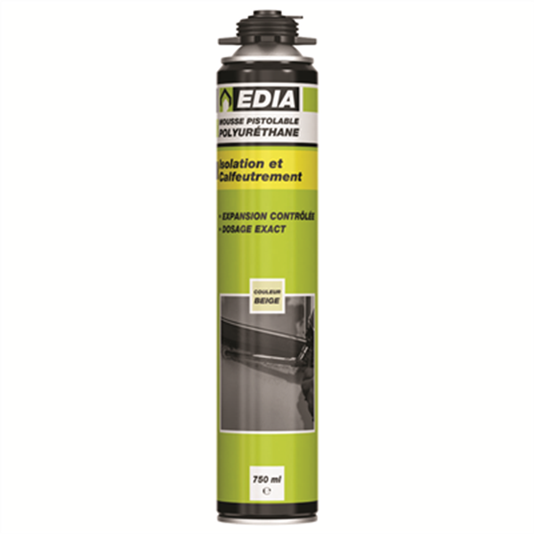 Mousse expansive polyuréthane pistolable Edia - Aérosol 750 ml - Prêt à l'emploi - Beige