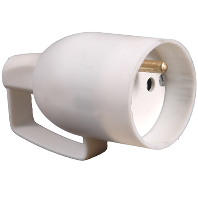 Fiche femelle sortie droite à coiffe avec anneau de traction 2P+T 16A blanc