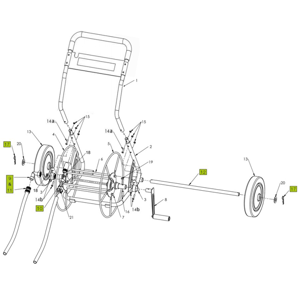 Axe de roues pour dévidoir 2 roues 55 mètres Edia - Diamètre 20 mm - Longueur 580 mm - Acier