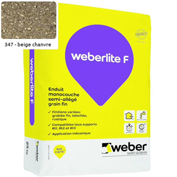 Enduit monocouche semi-allégé et coloré à grain fin WeberLite F 347 Beige chanvre - sac de 25 KG