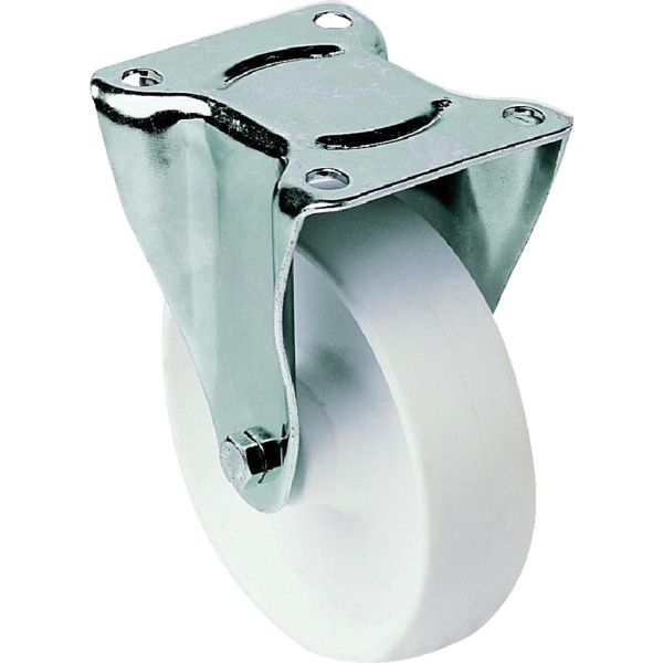 Roulette en polypropylène blanc à platine fixe en acier zingué - diamètre 200 mm - capacité de 300 kg